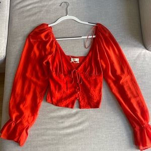 Red Long Sleeve Urban Outfitters Blouse Sheer Sleeves